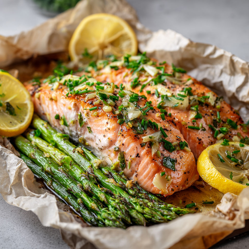 Un filet de saumon accompagné de légumes verts et de quartiers de citron.