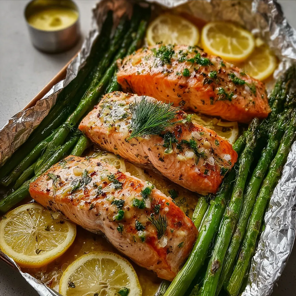 Saumon doré avec légumes verts et quartiers de citron.