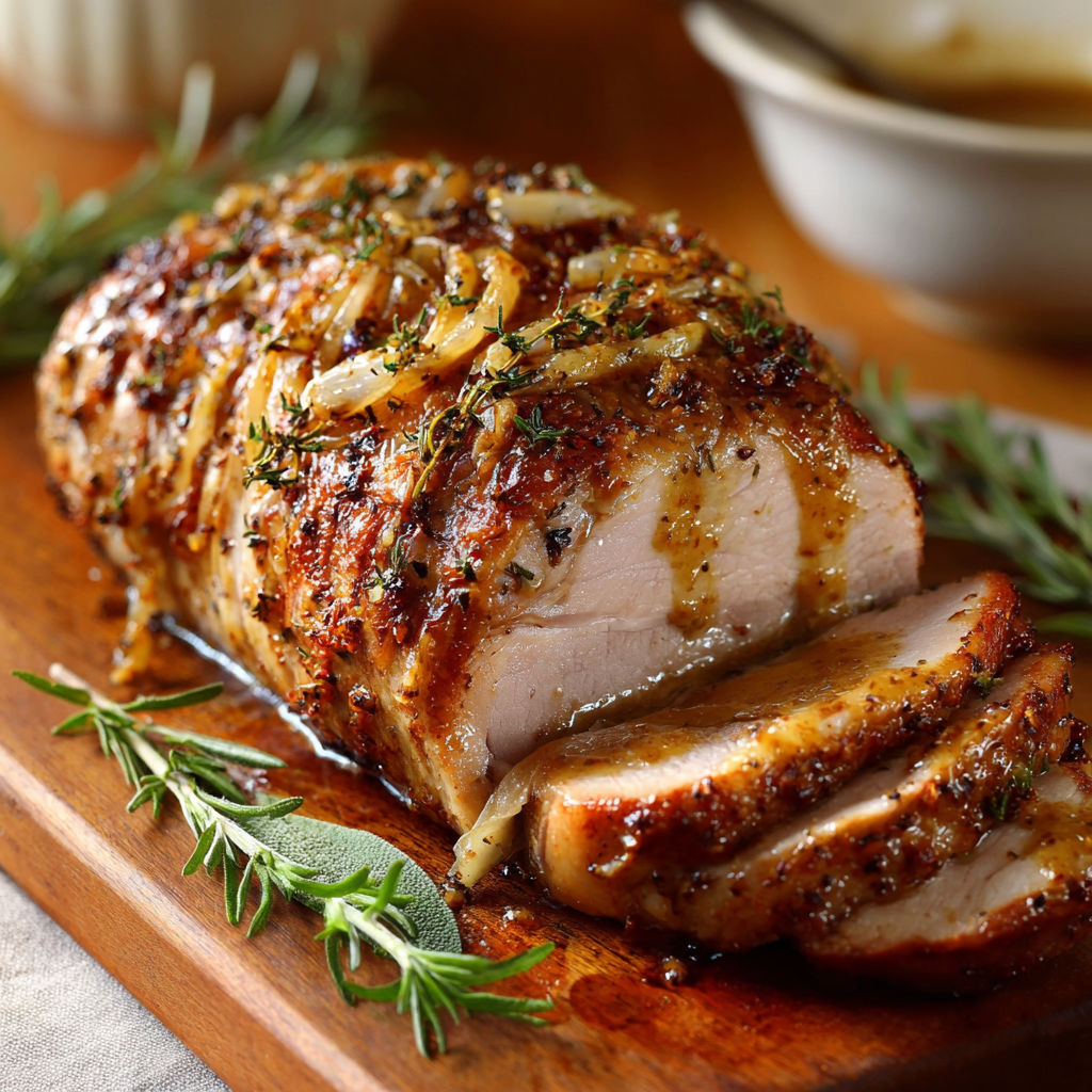 Porc rôti avec des herbes fraîches et une sauce miel/moutarde accompagné de légumes dorés.