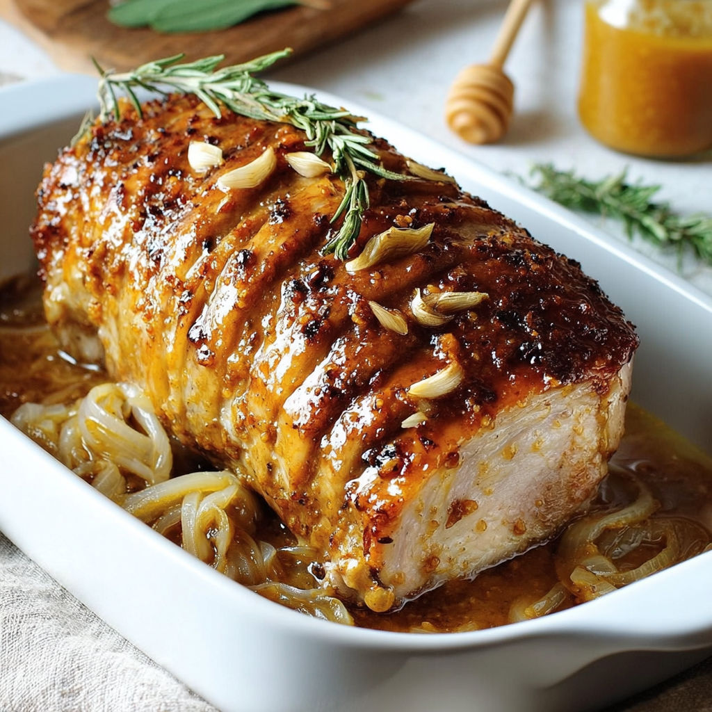 Un plat gourmand de porc rôti, herbes fraîches et noix, nappé d'une sauce au miel.