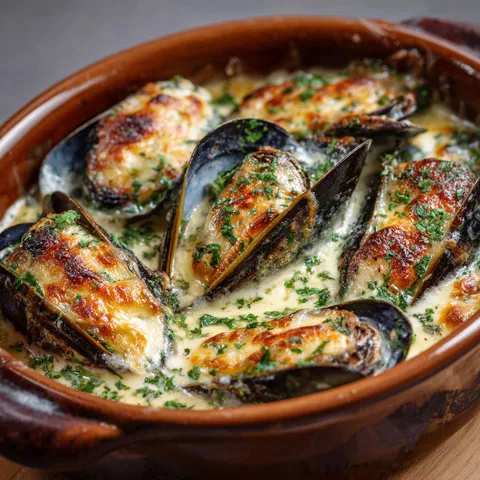 Un plat rustique de moules avec sauce crémeuse au Comté et herbes fraîches.