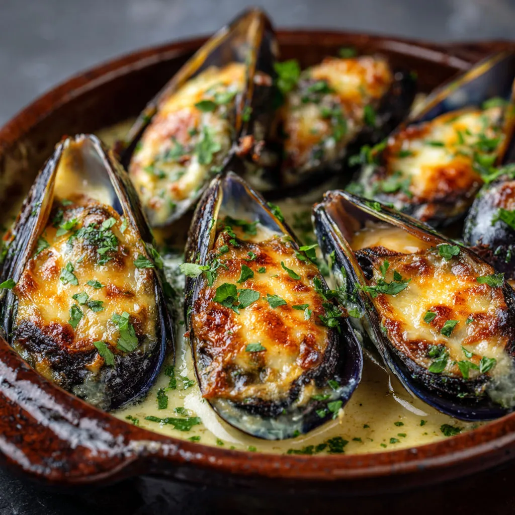 Un plat de moules garnies à la crème et fromage, parsemé d'herbes fraîches.