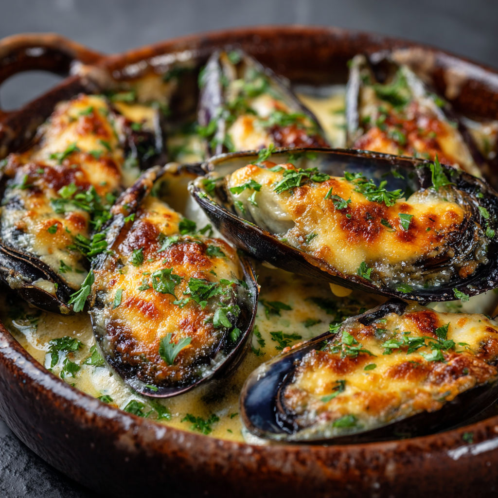 Une cassolette de moules gratinées servie dans un bol en terre, fromage et herbes dessus.
