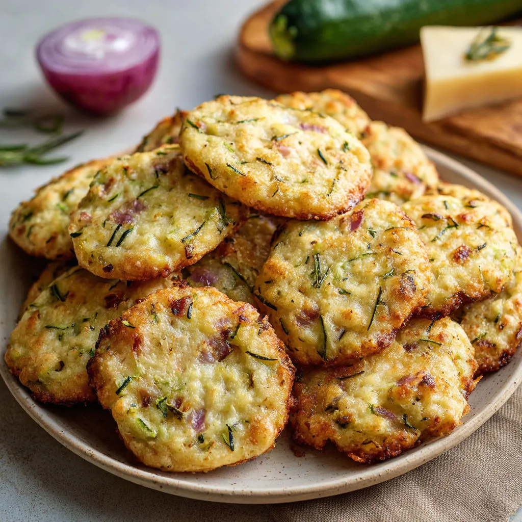 Des biscuits feuilletés empilés, avec des légumes verts et du fromage à côté.