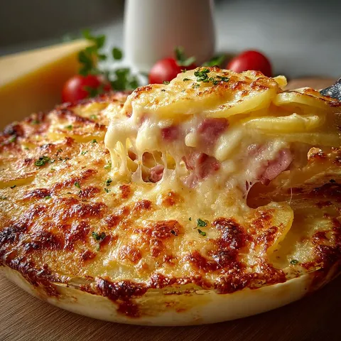 Pommes de terre, jambon et croûte fromagère servies ensemble sur un plateau.