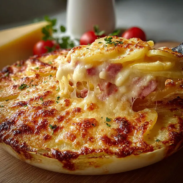Pommes de terre, jambon et croûte fromagère servies ensemble sur un plateau.