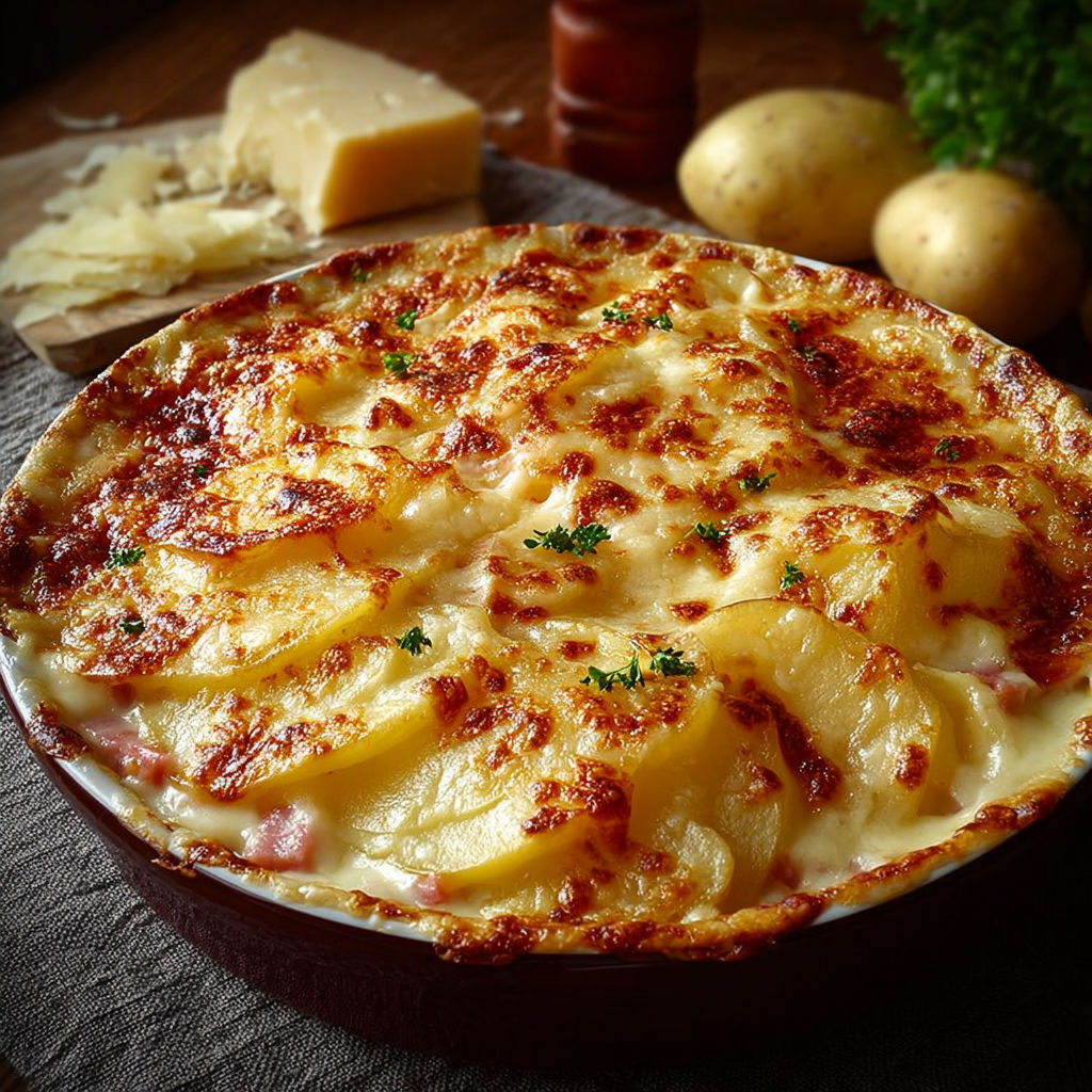 Une tarte pommes et fromage, garnie de morceaux de pomme et de fromage fondu.