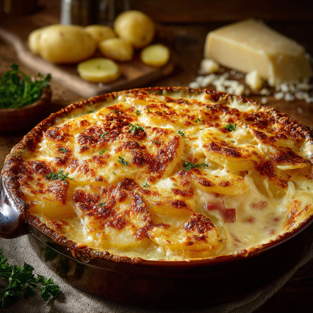 Un gratin de pommes de terre et fromage, avec des pommes de terre et du fromage râpé sur le dessus.