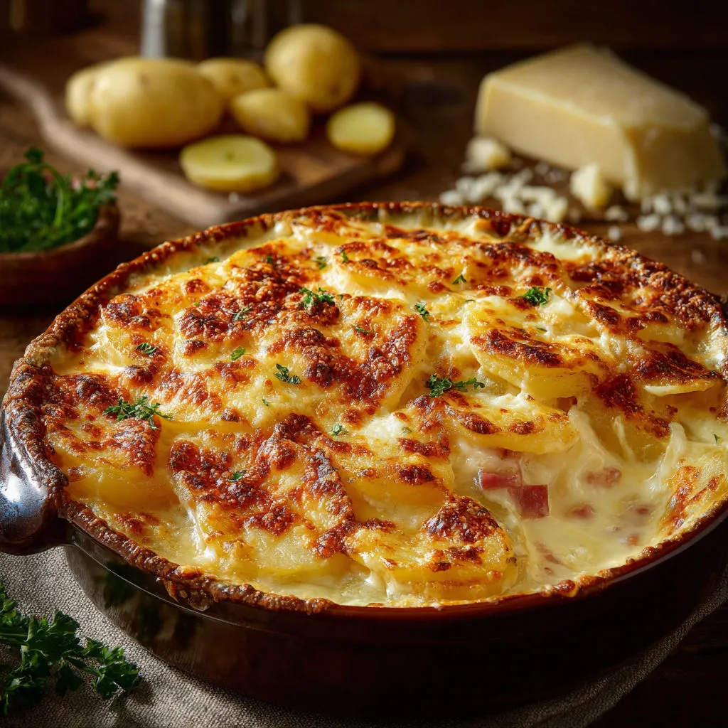 Un gratin de pommes de terre et fromage, avec des pommes de terre et du fromage râpé sur le dessus.