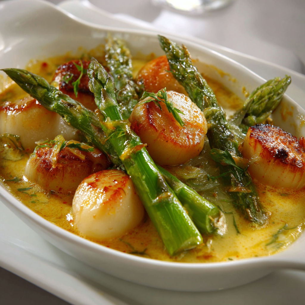 Des Saint-Jacques avec asperges servies élégamment sur un plateau.