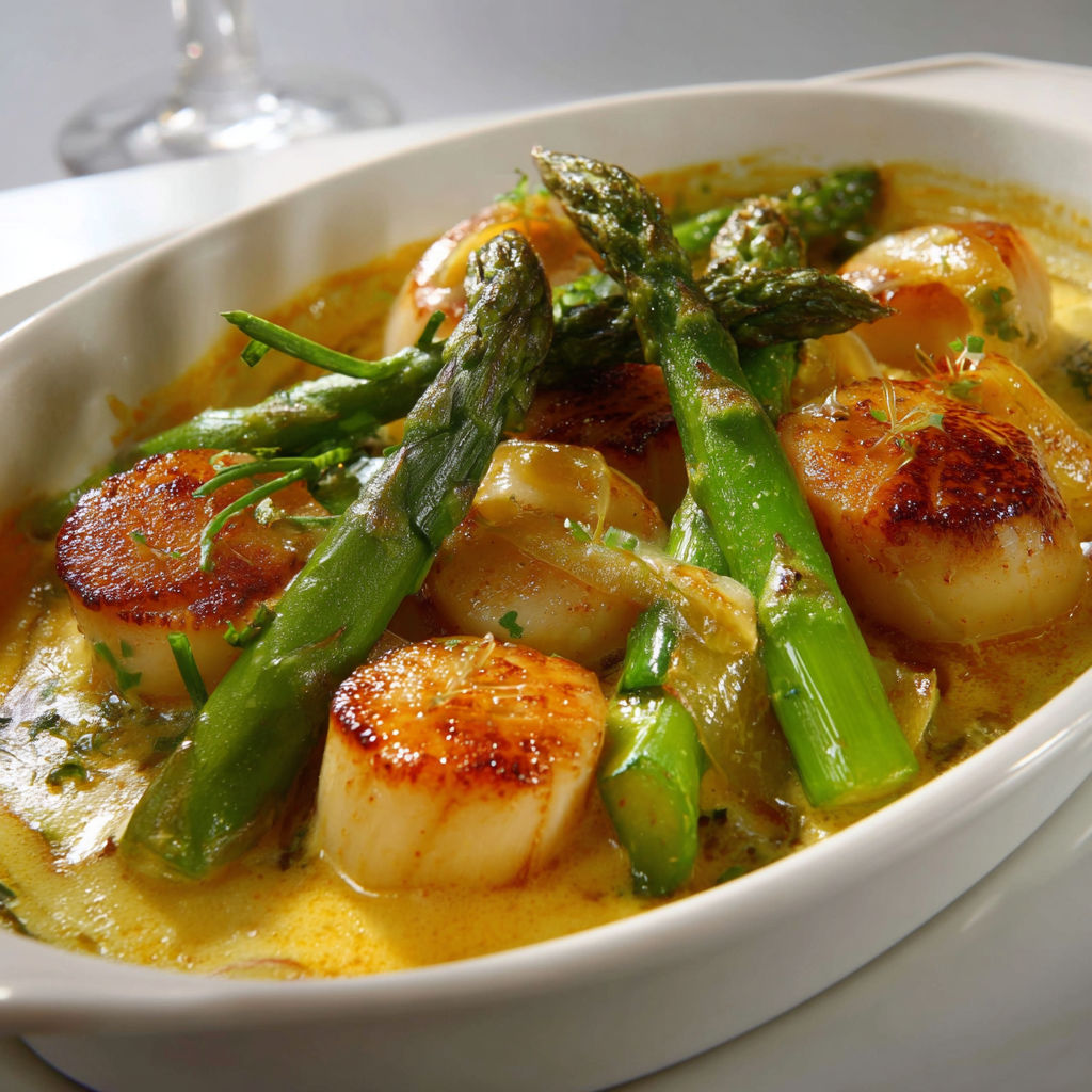 Un bol de bouillabaisse avec asperges, champignons et moules.