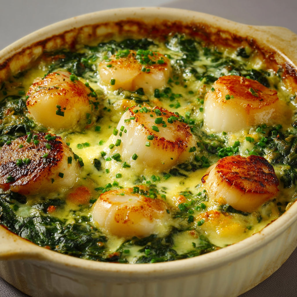On sert une cassolette de Saint-Jacques aux épinards dans un bol rustique.