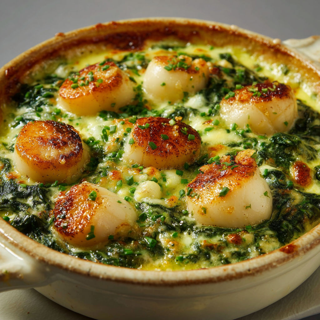 On sert une cassolette de Saint-Jacques aux épinards dans un bol rustique.