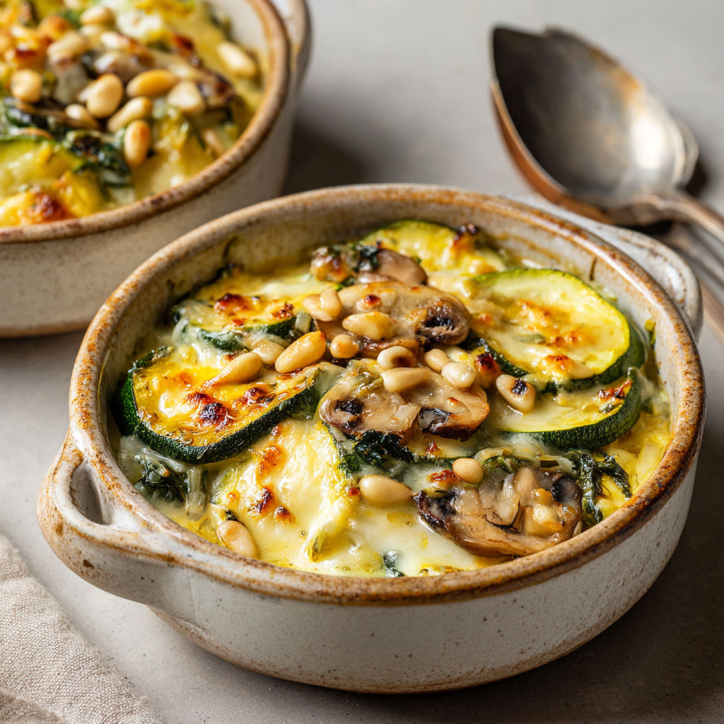 On sert des courgettes et champignons gratinés dans un bol en céramique.