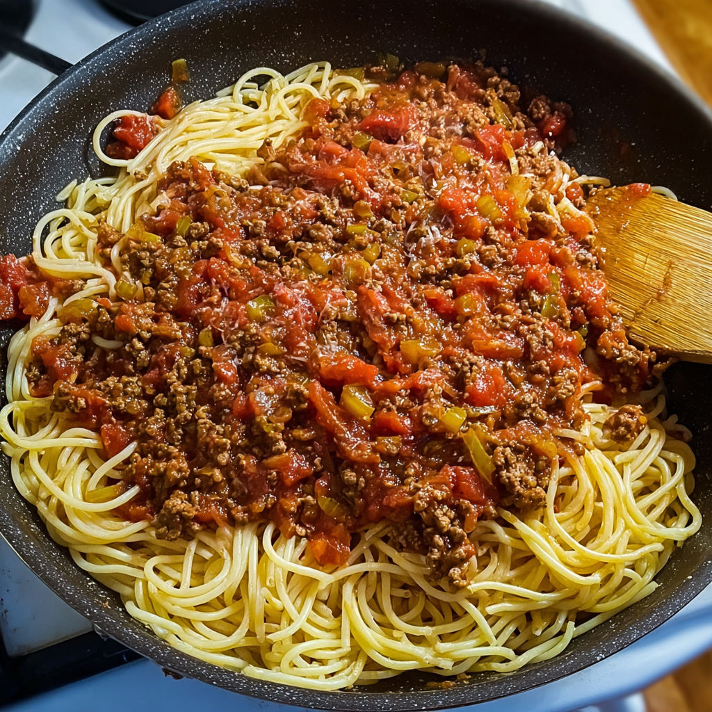 Un délicieux plat de spaghetti bolognaise prêt à être dégusté.