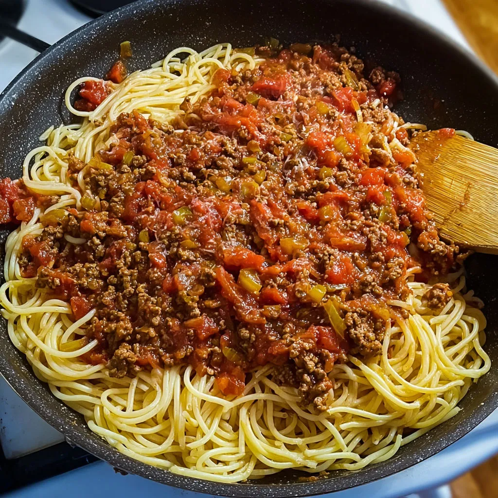 Un délicieux plat de spaghetti bolognaise prêt à être dégusté.
