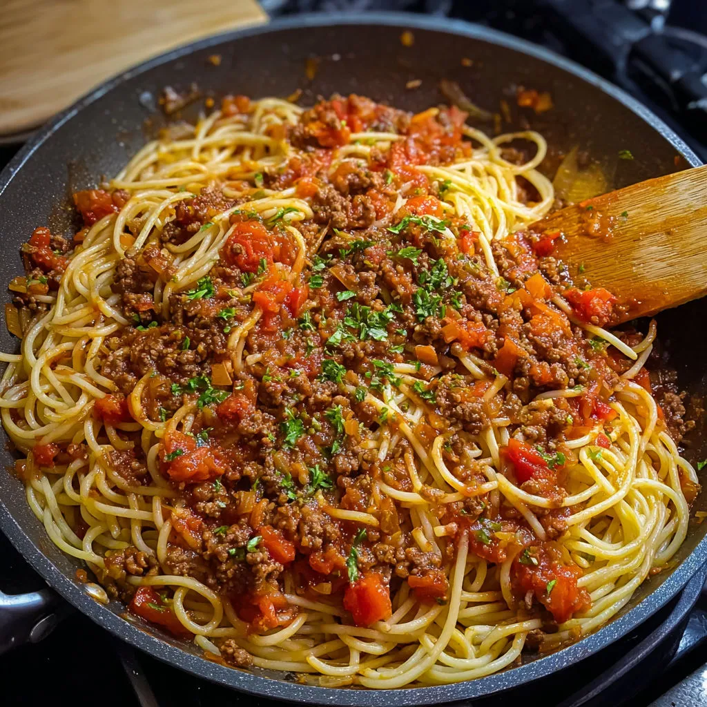 Des spaghetti à la bolognaise bien servis dans un bol en métal.