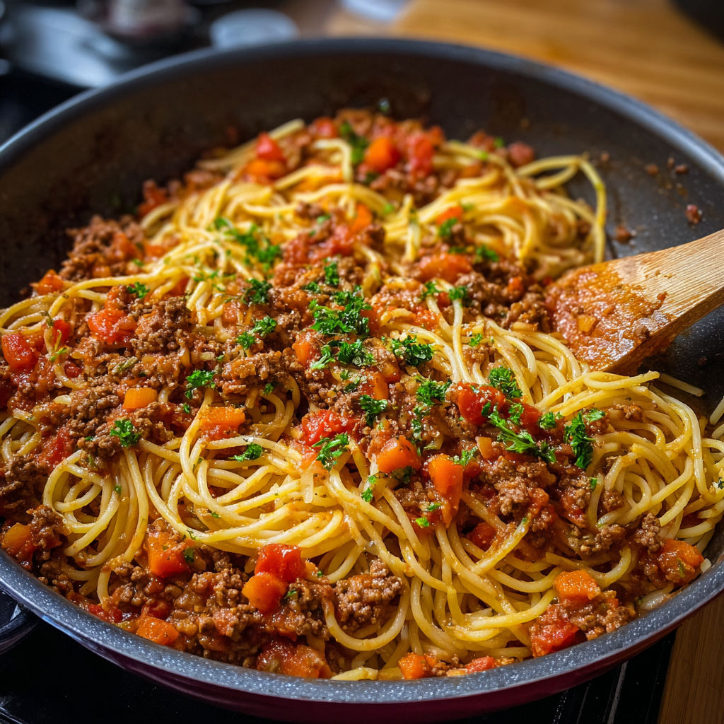 Des spaghetti à la bolognaise bien servis dans un bol en métal.