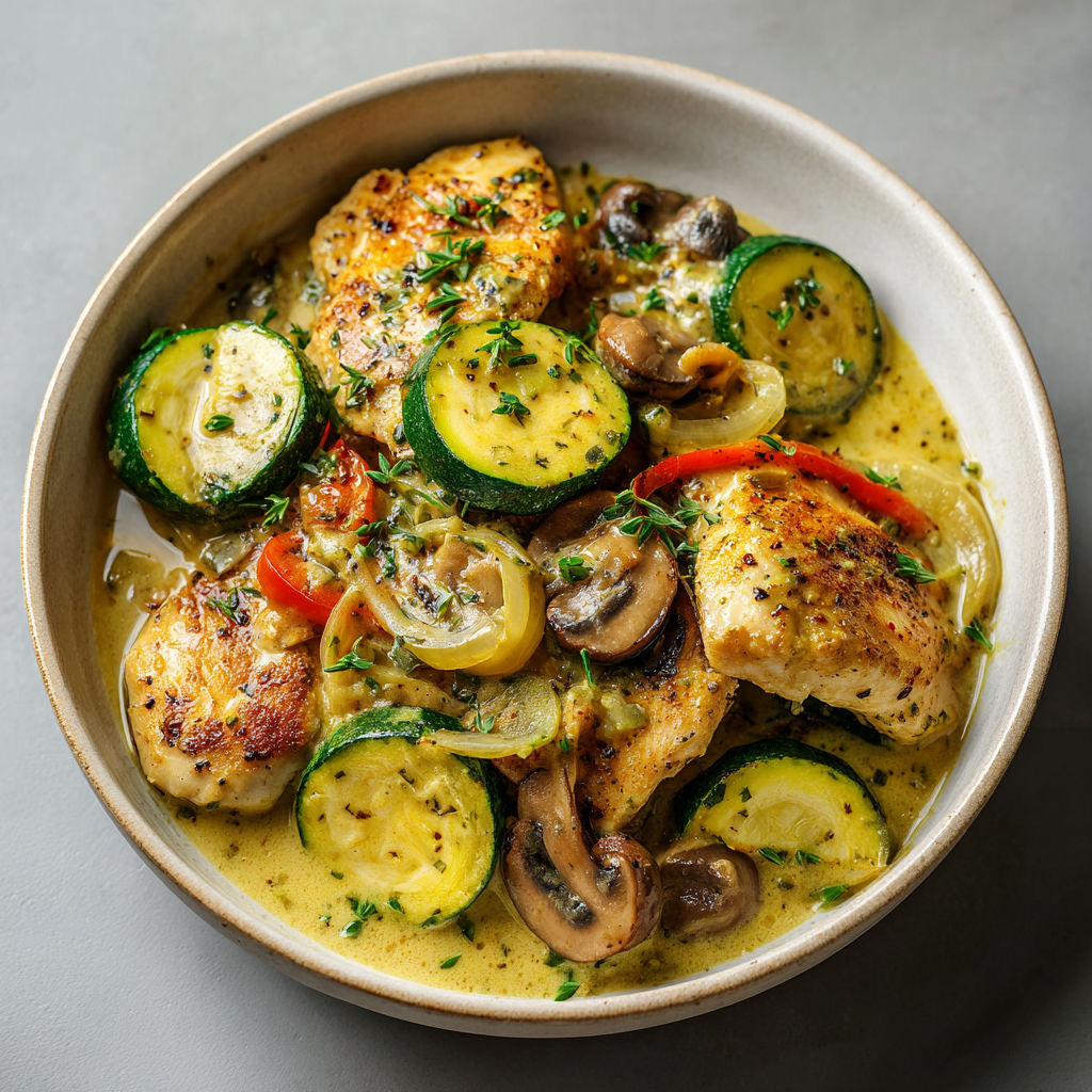 Un plat gourmand avec courgettes, champignons et poulet servi dans un bol.