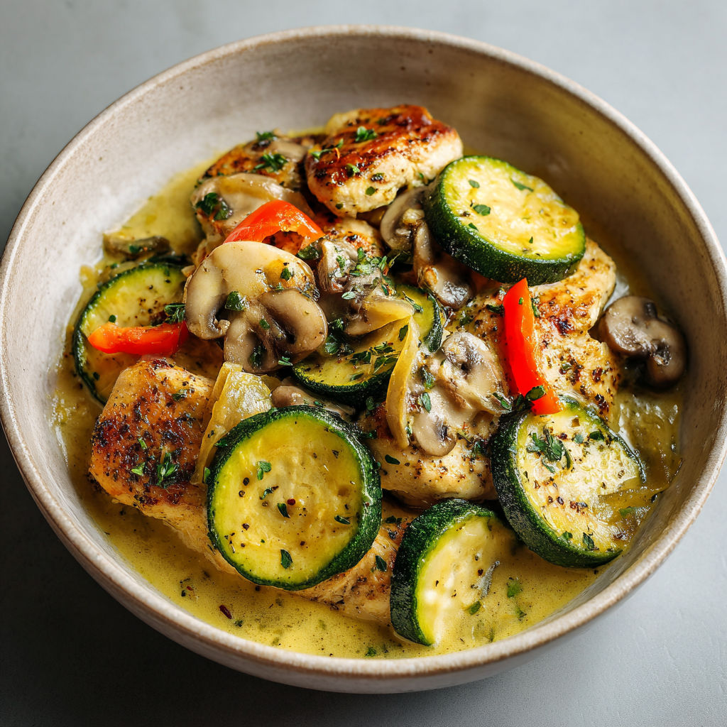 Un bon plat de courgettes, champignons et morceaux de poulet, servi dans un gros bol.
