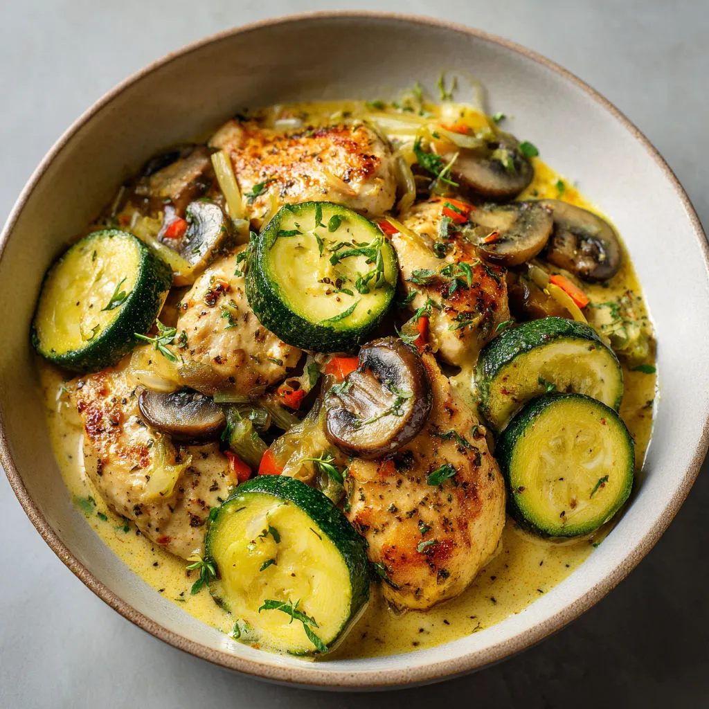 Un bol rempli du mélange courgettes, champignons, poulet bien nappé de sauce.
