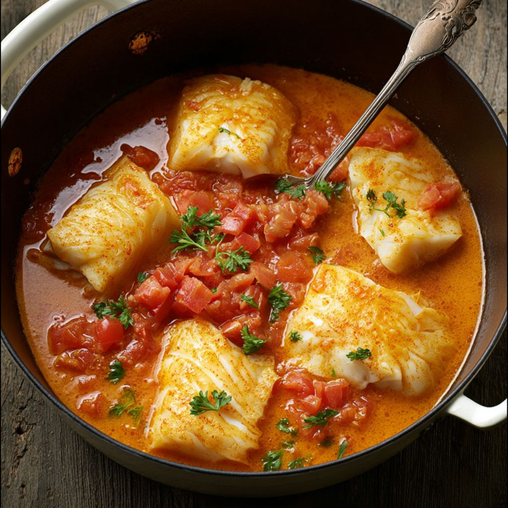 Un plat généreux de lotte façon Armoricaine présenté dans un bol rustique en fer.