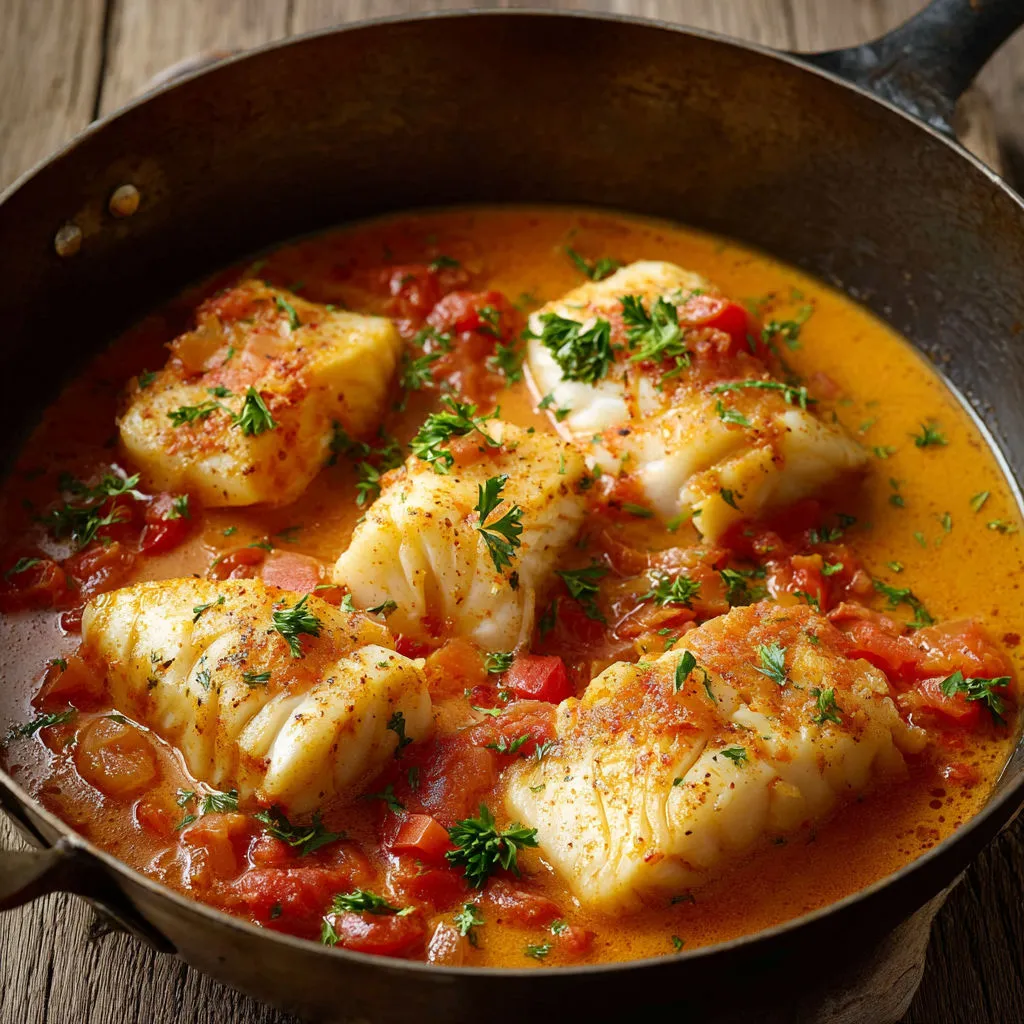 Poisson doré à la poêle avec quelques légumes et tomates.