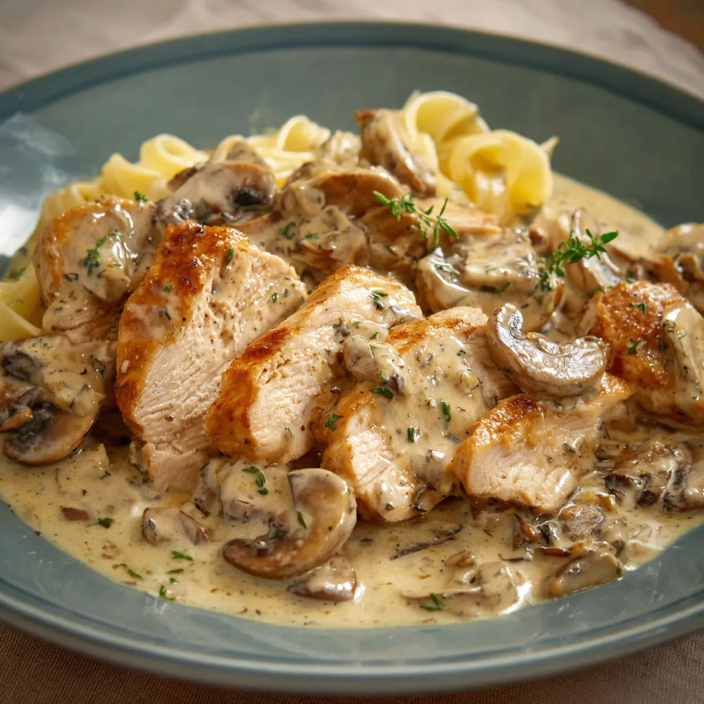 Volaille fondante à la moutarde avec champignons et pâtes.