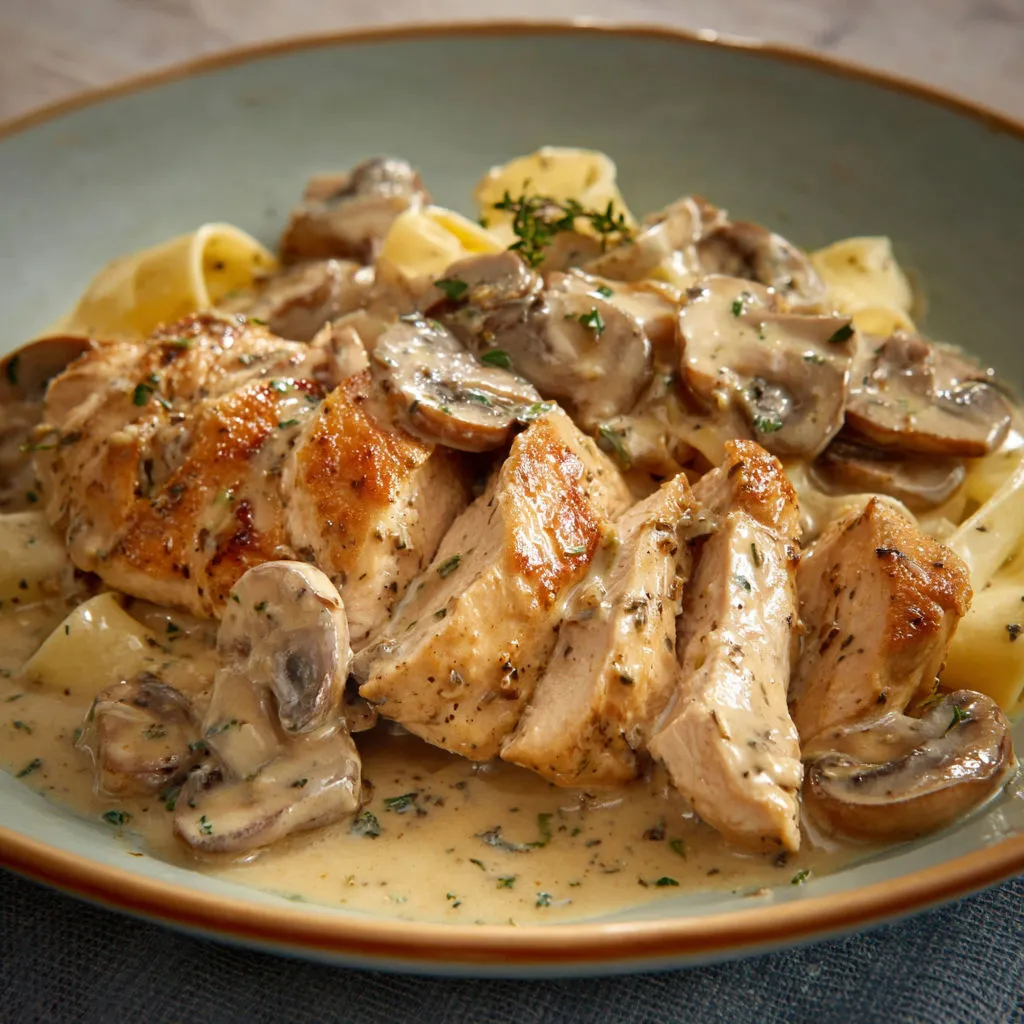 Un plat de poulet avec des pâtes et des champignons bien servi.