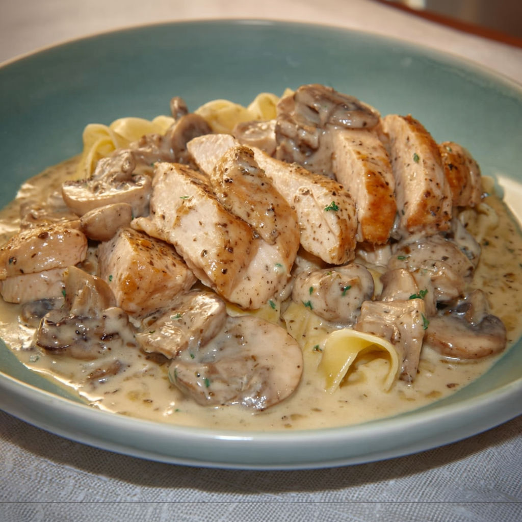 Une assiette de spaghetti avec champignons et morceaux de viande dorés.