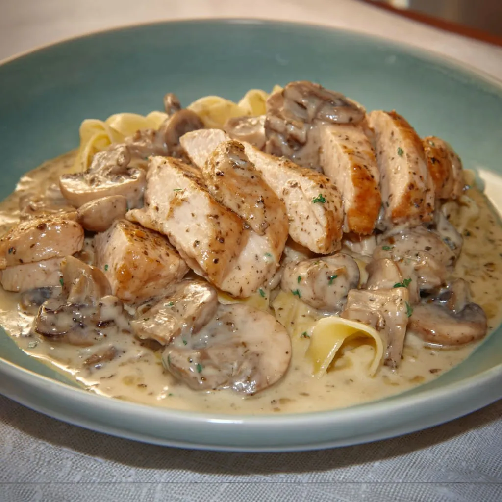 Une assiette de spaghetti avec champignons et morceaux de viande dorés.