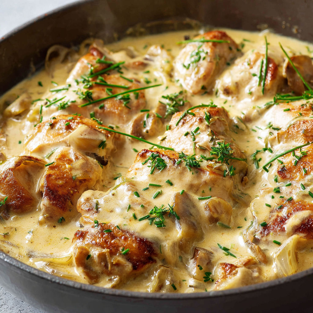 Des morceaux de poulet nappés de sauce crémeuse à la moutarde dans une casserole.