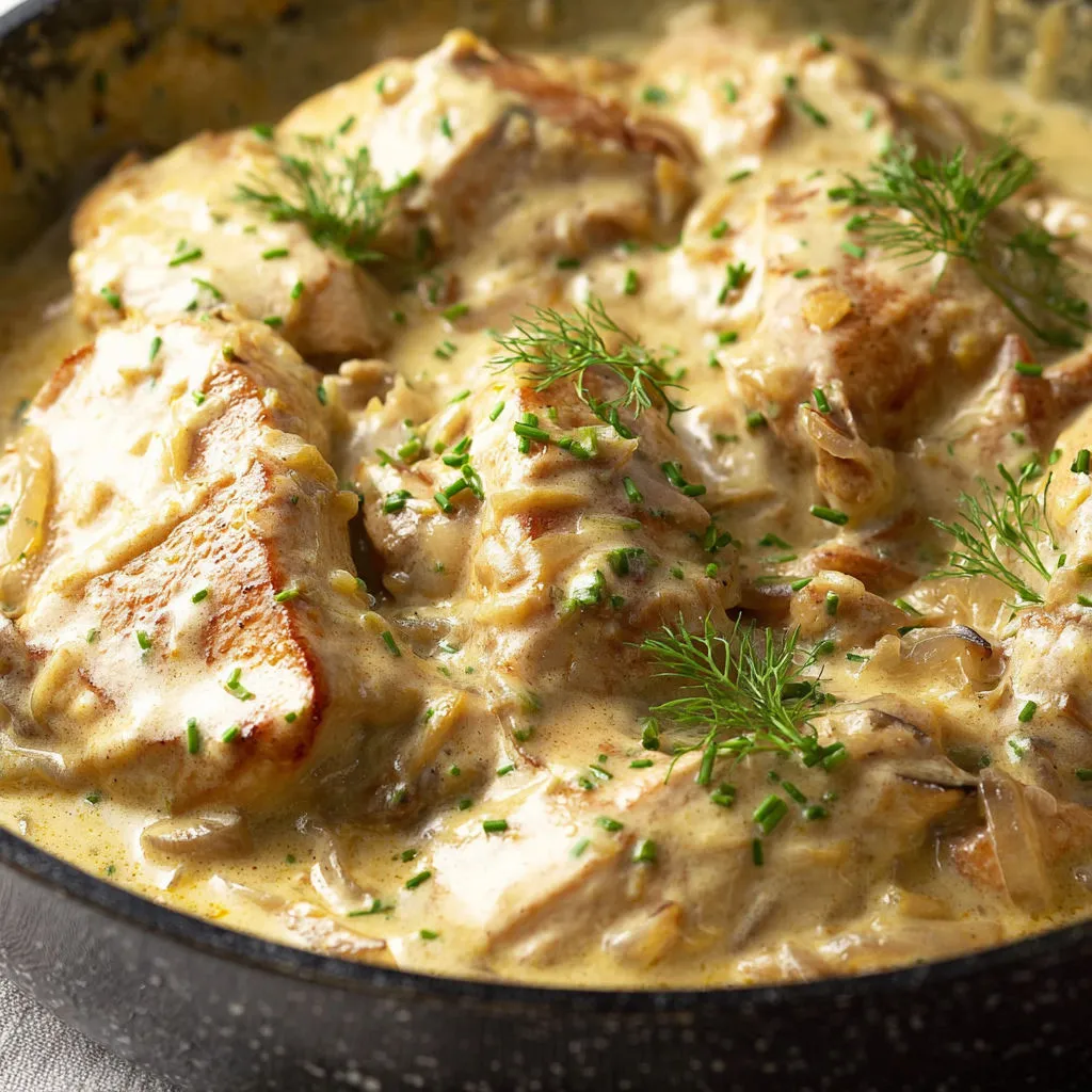 Un plat de poulet sauce crème aux herbes et champignons servi dans un bol.