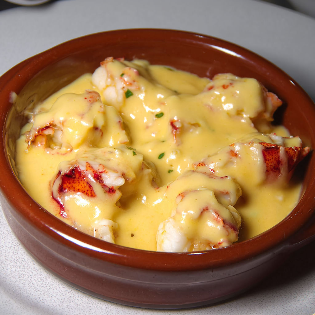 Une cassolette garnie de saint-jacques et homard bien servie en bol en terre.