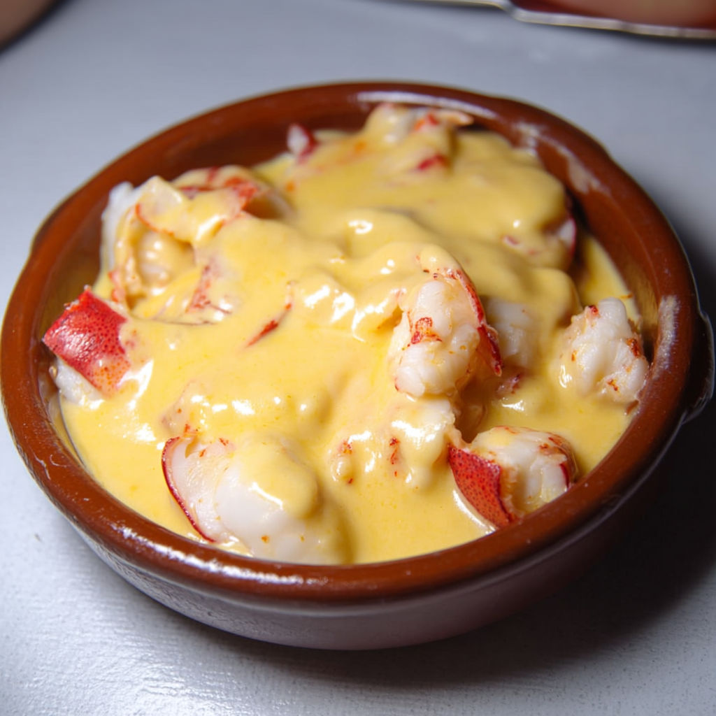 Cassolette de saint-jacques et homard servie dans un beau bol en terre.