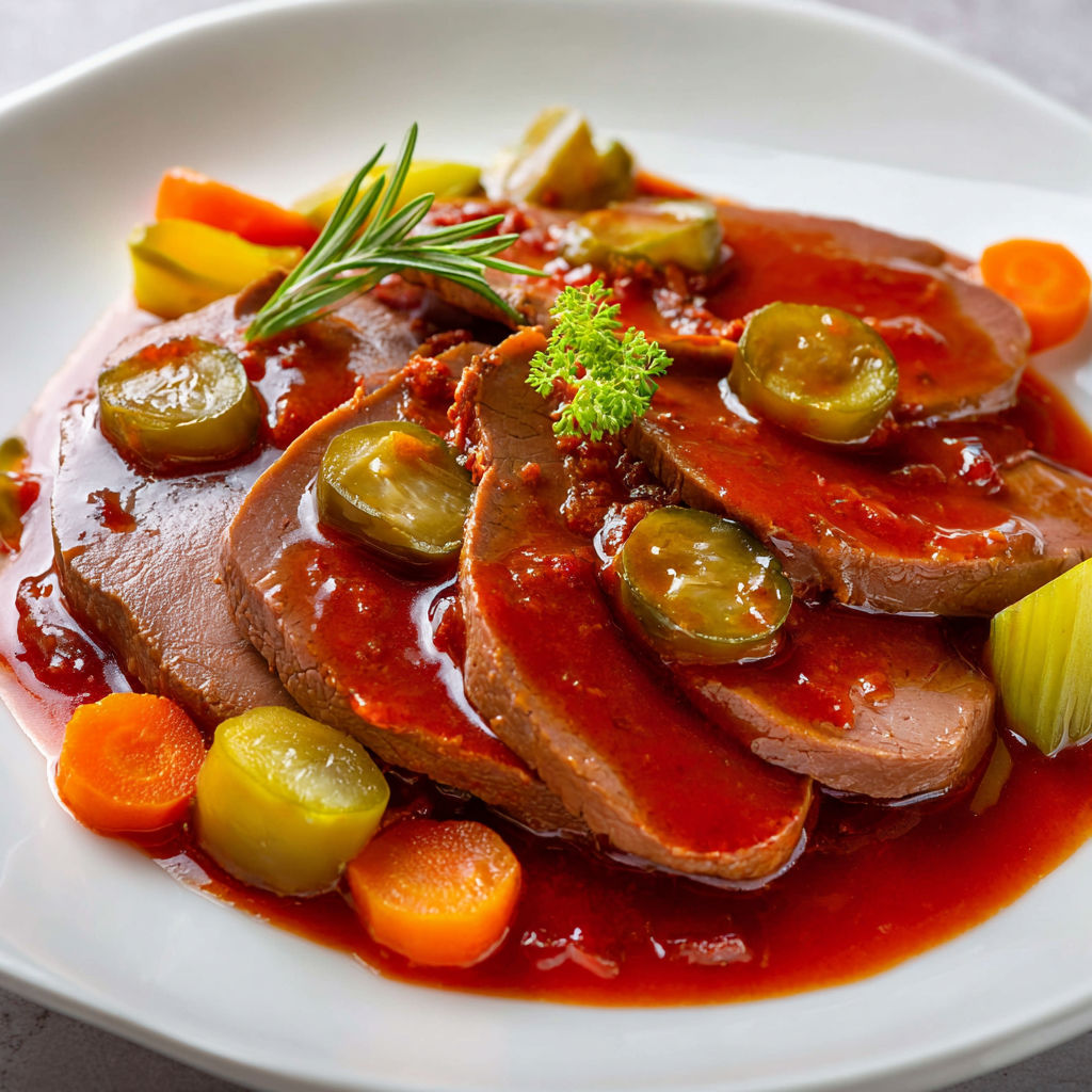 Langue de boeuf avec sauce relevée et légumes mijotés. Une préparation traditionnelle et épicée.