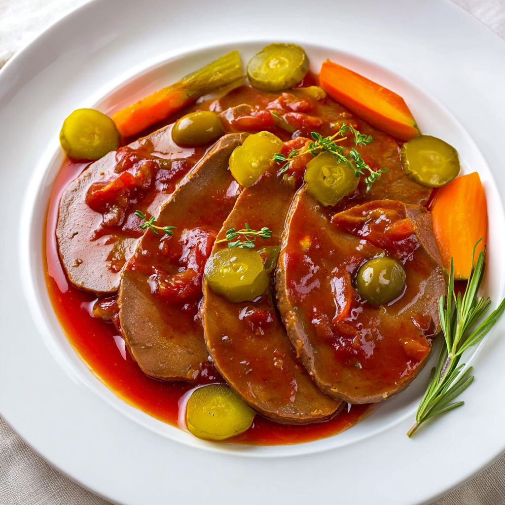 Assiette de bœuf avec oignons et olives pour un plat chaleureux.