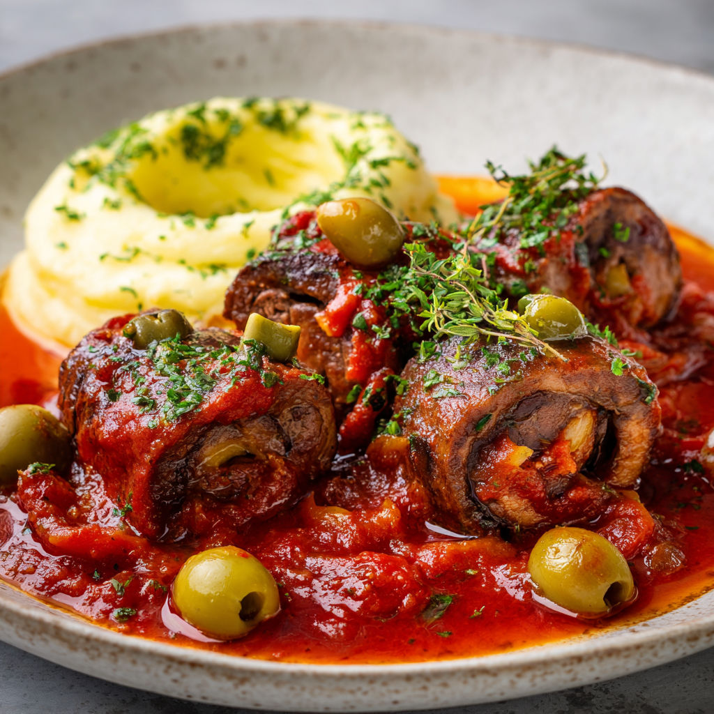 Plat de bœuf tendre avec sauce tomate et ail des ours.