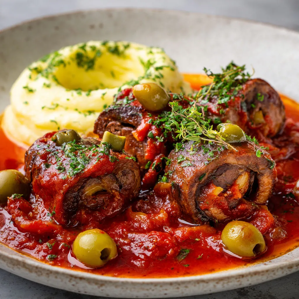 Plat de bœuf tendre avec sauce tomate et ail des ours.