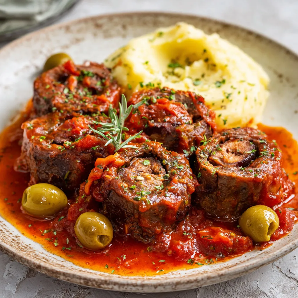 Une cassolette garnie d’olives vertes et de pommes de terre.
