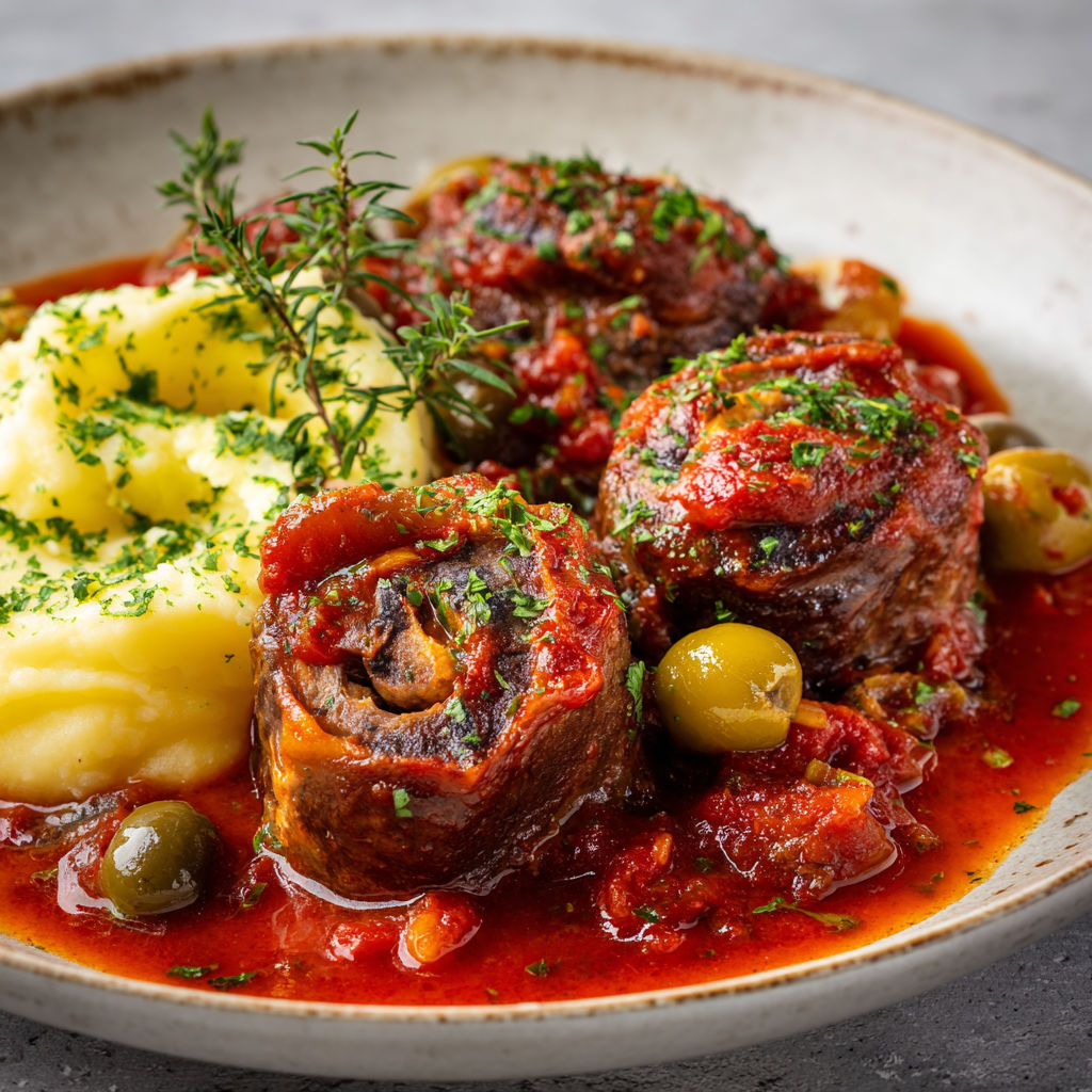 Une cassolette de viande rouge avec gnocchis.