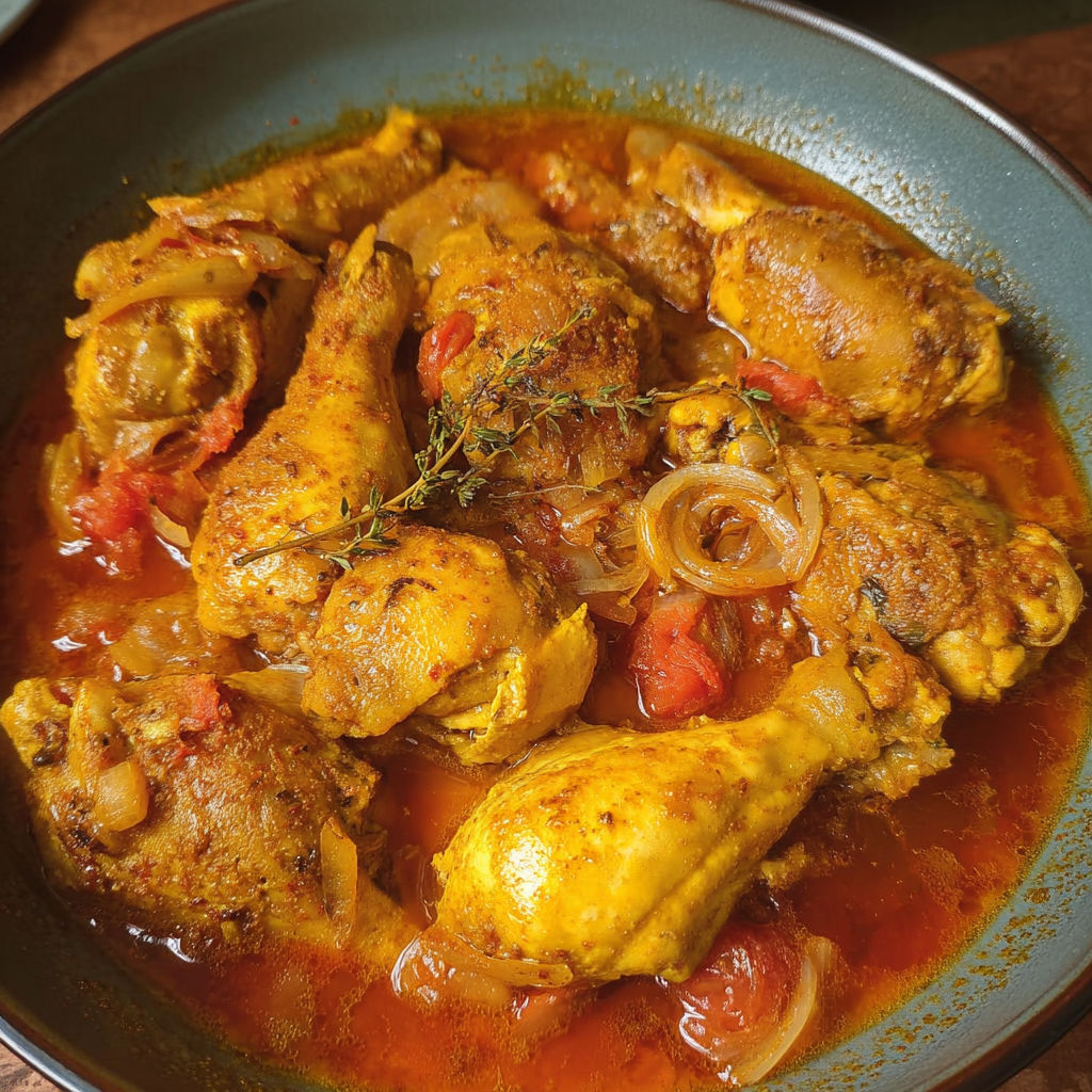 Un plat de poulet mijoté à la réunionnaise servi dans un bol coloré.