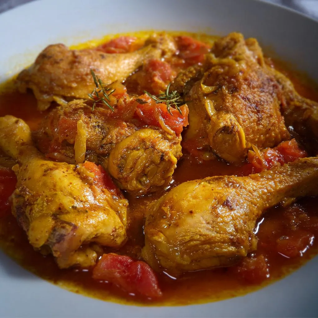 Du poulet doré avec tomates et herbes fraîches.