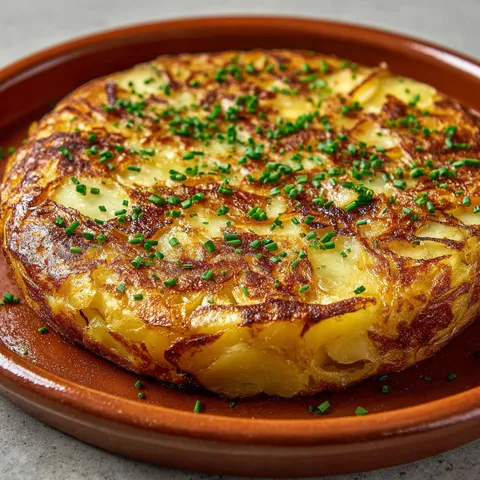 Une belle tortilla dorée avec des pommes de terre et oignons servie sur une assiette.