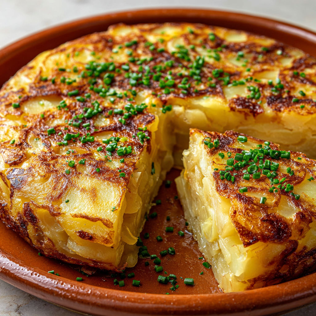 On sert une tarte de pommes de terre sur un grand plat rustique.
