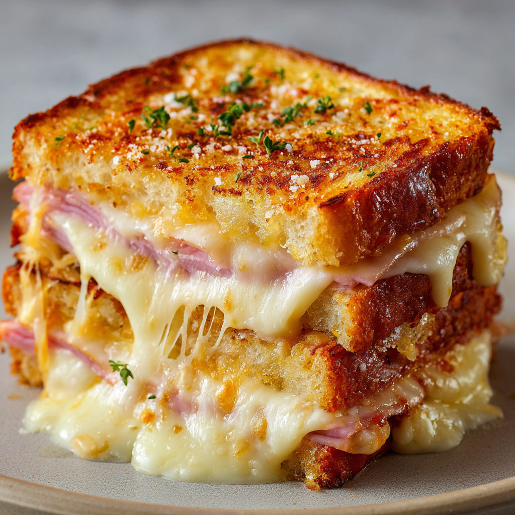 Un sandwich croque-monsieur gourmand posé sur un plateau.