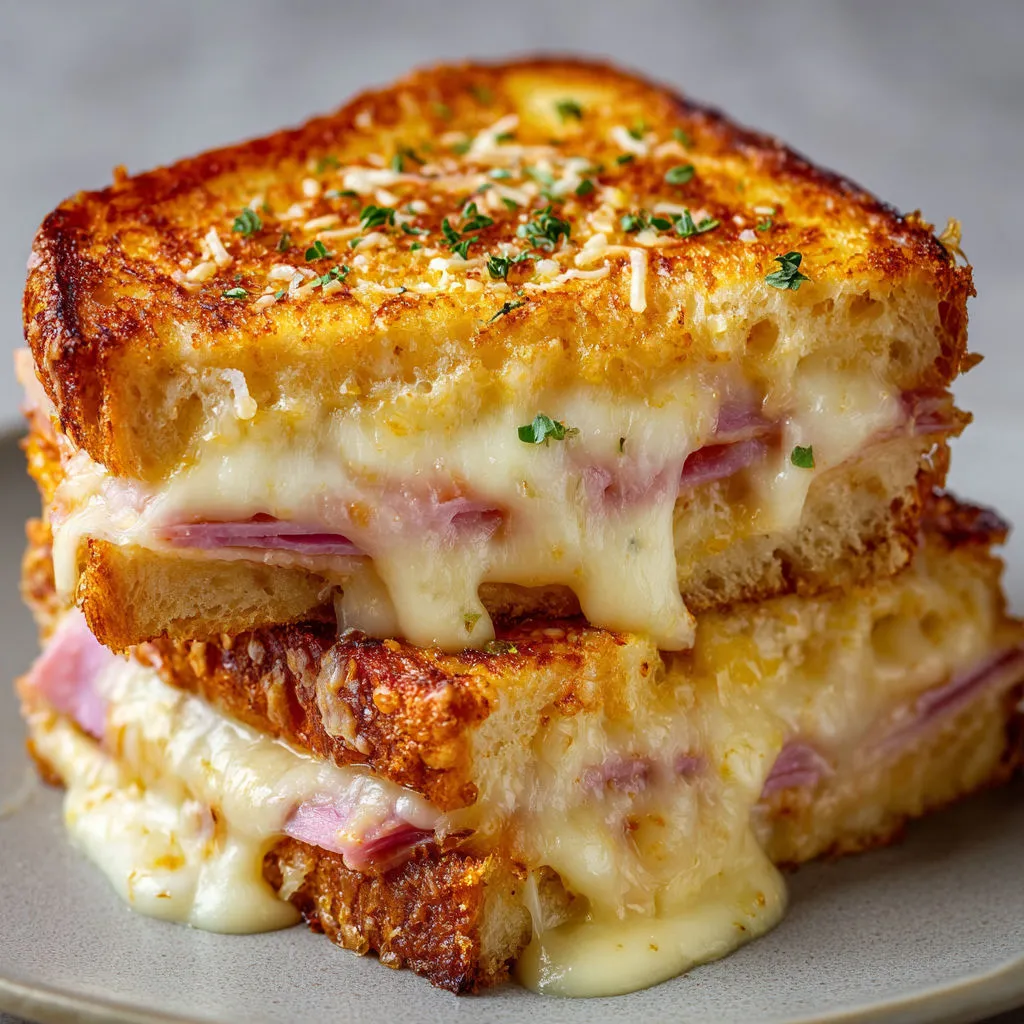 Un croque-monsieur bien doré au jambon et fromage.