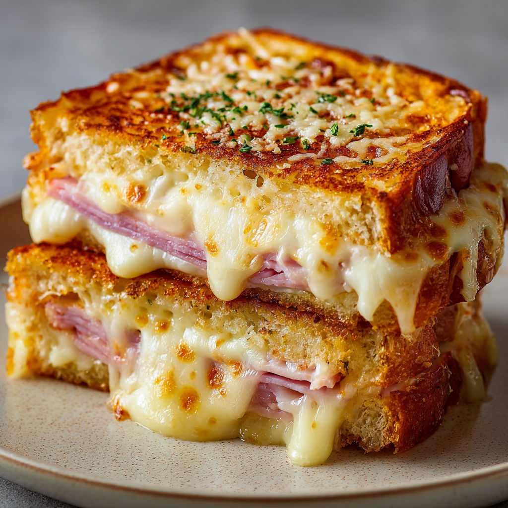 Croque-monsieur grillé avec fromage et jambon, un peu de verdure sur le dessus.