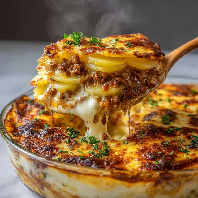 Un plat appétissant de bœuf haché et pommes de terre avec fromage gratiné.