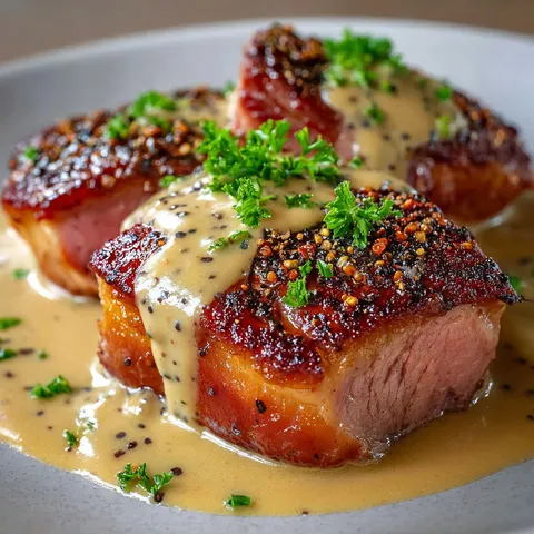 Magret de Canard avec Sauce Veloutée au Poivre Vert.